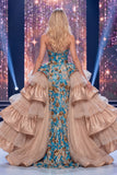Ruffled Sparkly Blue Floral Mermaid Long Beaded Strapless Pageant Dress with Slit