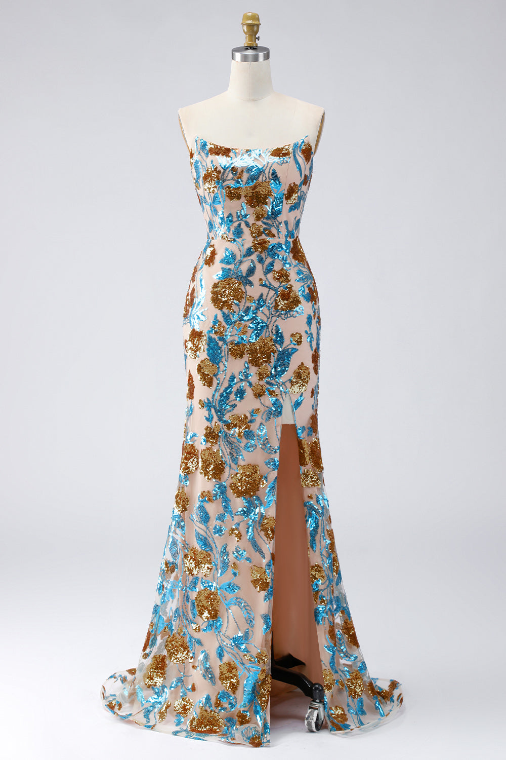 Ruffled Sparkly Blue Floral Mermaid Long Beaded Strapless Pageant Dress with Slit