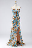 Ruffled Sparkly Blue Floral Mermaid Long Beaded Strapless Pageant Dress with Slit