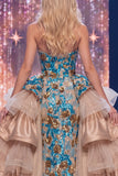 Ruffled Sparkly Blue Floral Mermaid Long Beaded Strapless Pageant Dress with Slit