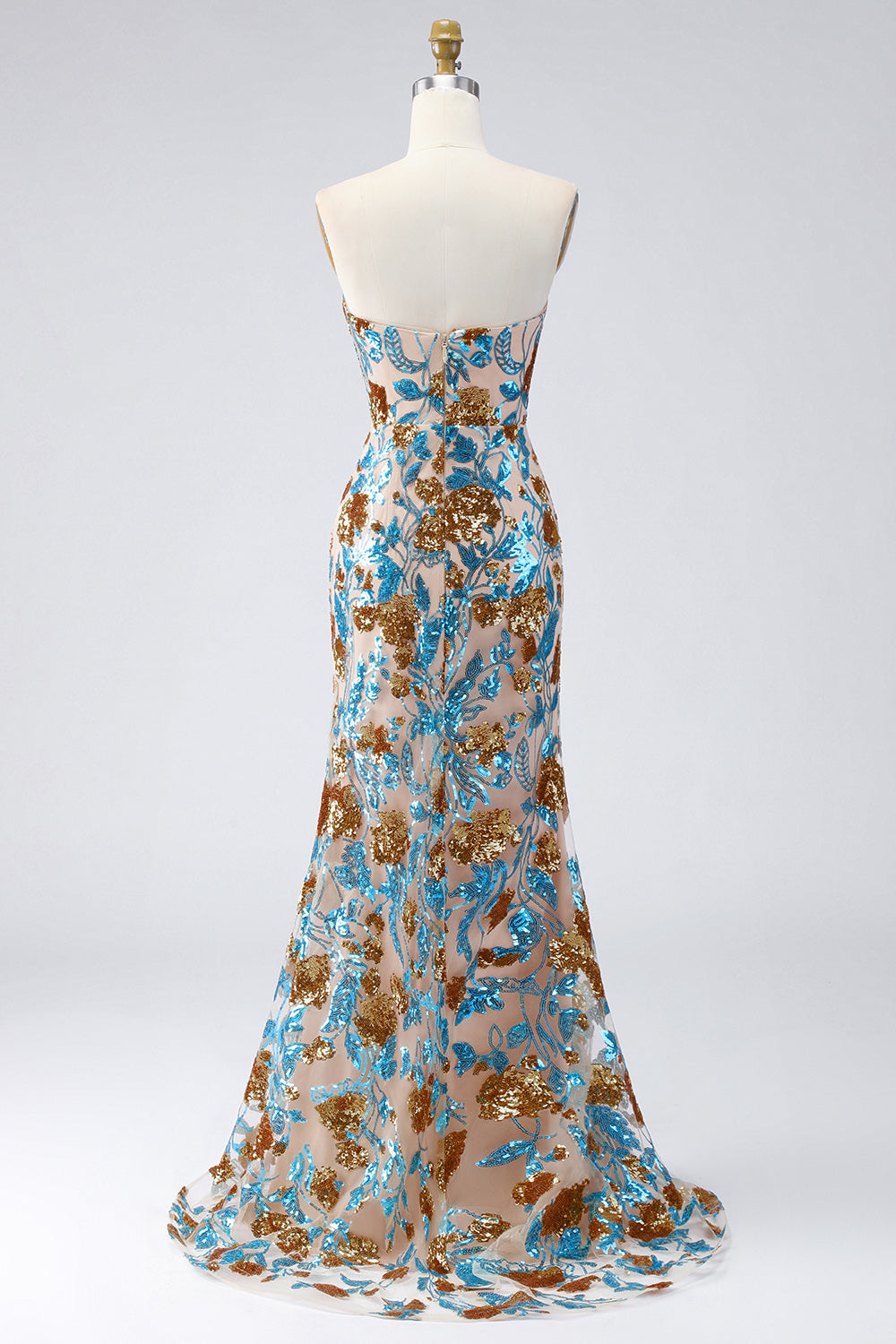 Ruffled Sparkly Blue Floral Mermaid Long Beaded Strapless Pageant Dress with Slit