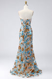 Ruffled Sparkly Blue Floral Mermaid Long Beaded Strapless Pageant Dress with Slit