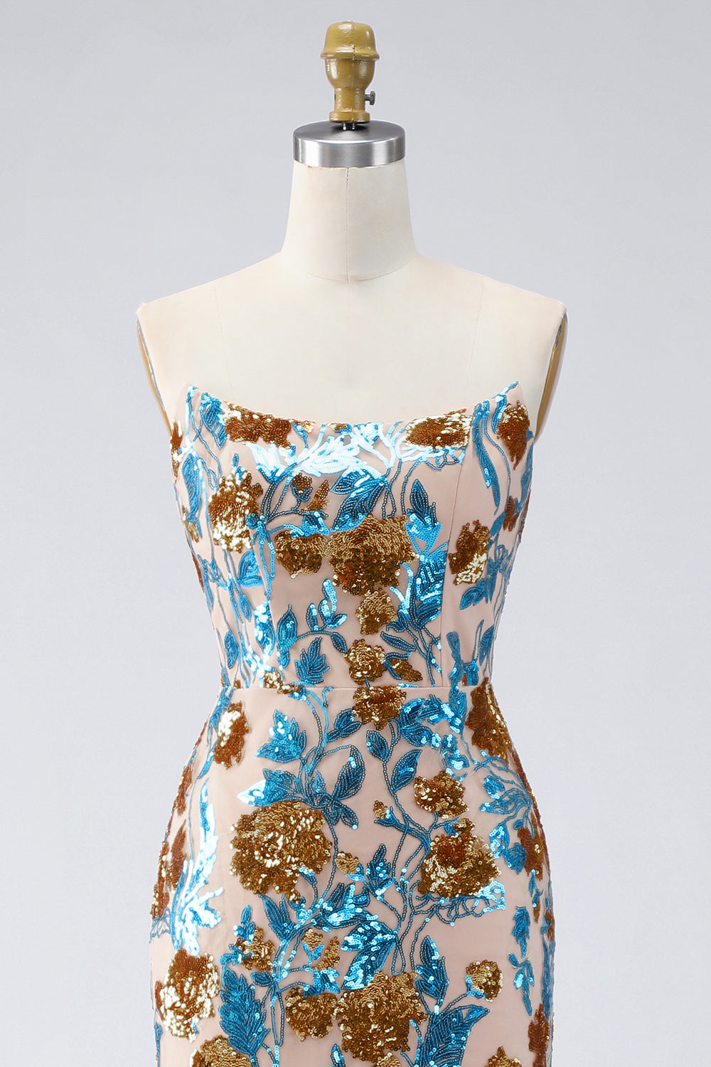 Ruffled Sparkly Blue Floral Mermaid Long Beaded Strapless Pageant Dress with Slit