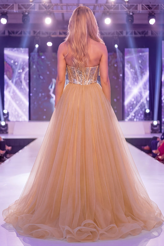 Sparkly Champagne Strapless Corset Mermaid Long Beaded Pageant Dress with Cape