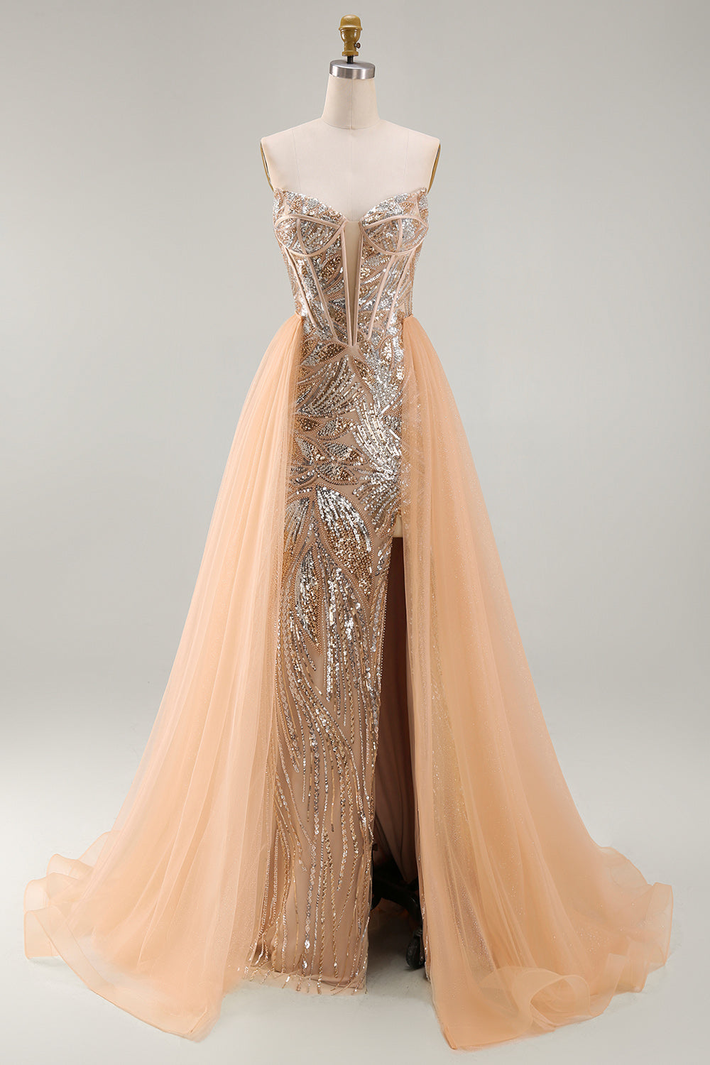 Sparkly Champagne Strapless Corset Mermaid Long Beaded Pageant Dress with Cape
