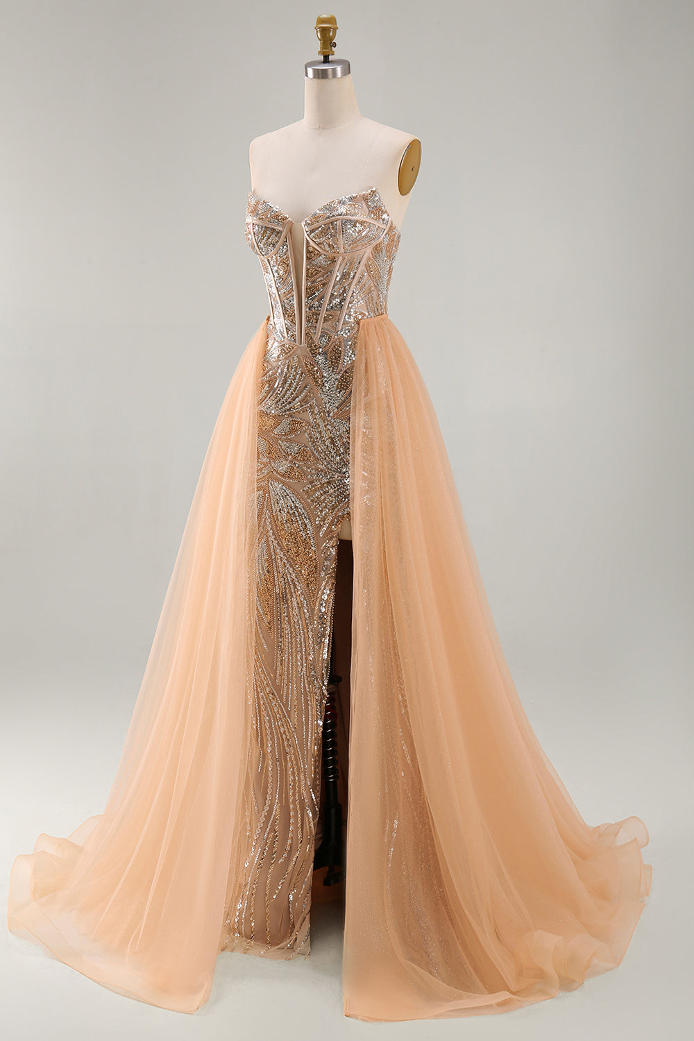 Sparkly Champagne Strapless Corset Mermaid Long Beaded Pageant Dress with Cape