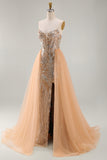 Sparkly Champagne Strapless Corset Mermaid Long Beaded Pageant Dress with Cape