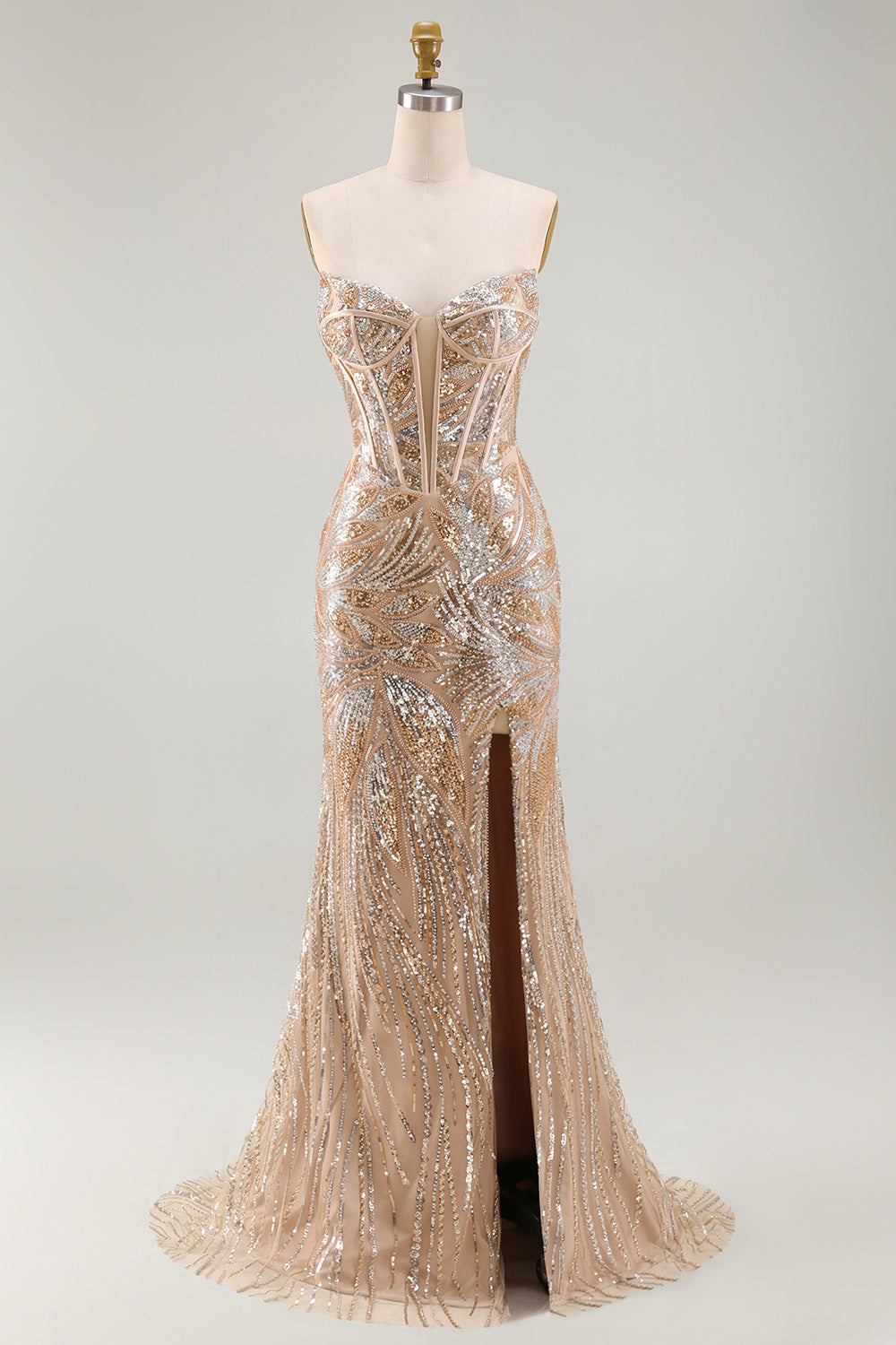 Sparkly Champagne Strapless Corset Mermaid Long Beaded Pageant Dress with Cape