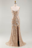 Sparkly Champagne Strapless Corset Mermaid Long Beaded Pageant Dress with Cape