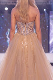 Sparkly Champagne Strapless Corset Mermaid Long Beaded Pageant Dress with Cape