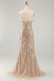 Sparkly Champagne Strapless Corset Mermaid Long Beaded Pageant Dress with Cape