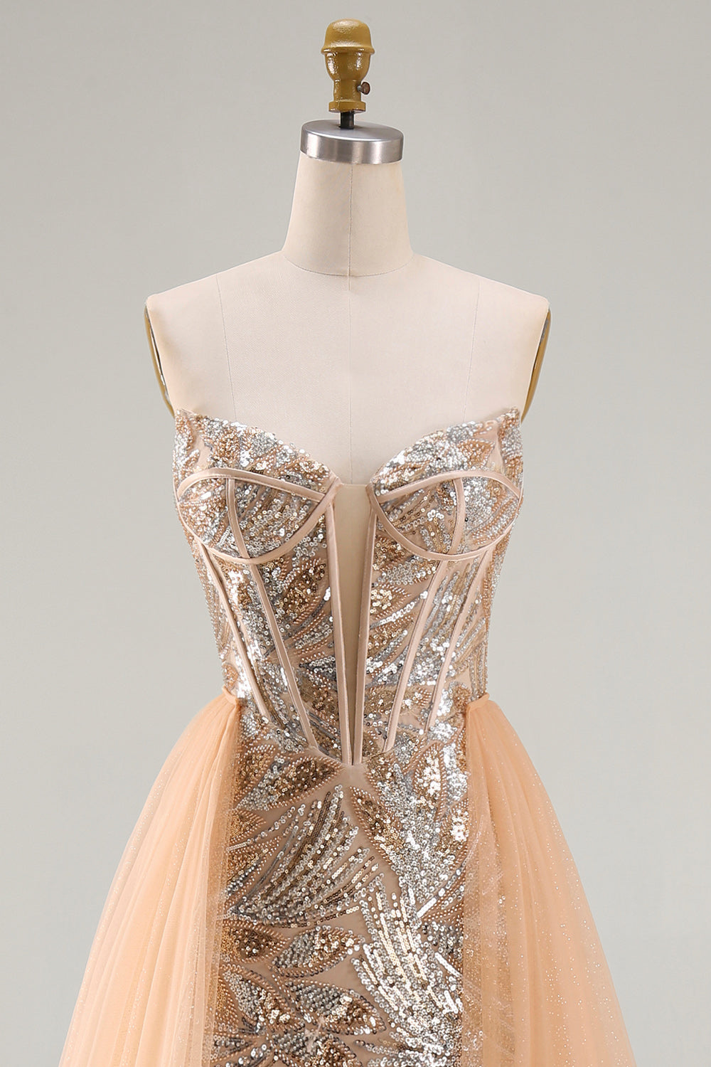 Sparkly Champagne Strapless Corset Mermaid Long Beaded Pageant Dress with Cape