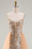 Sparkly Champagne Strapless Corset Mermaid Long Beaded Pageant Dress with Cape