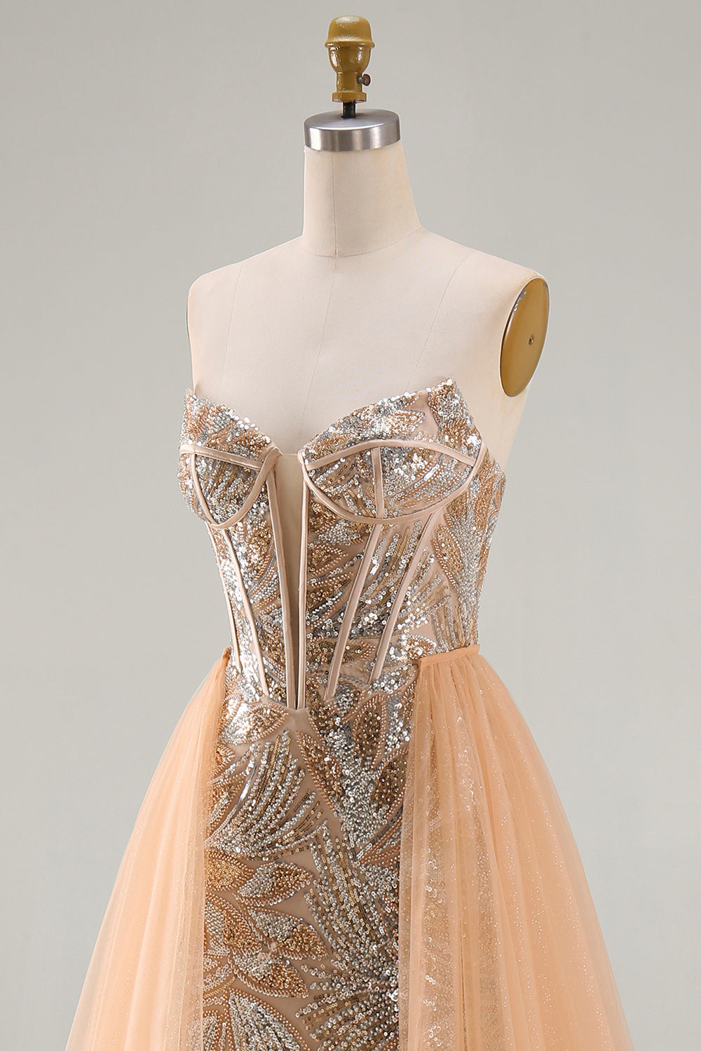Sparkly Champagne Strapless Corset Mermaid Long Beaded Pageant Dress with Cape