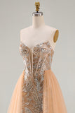 Sparkly Champagne Strapless Corset Mermaid Long Beaded Pageant Dress with Cape