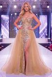 Sparkly Champagne Strapless Corset Mermaid Long Beaded Pageant Dress with Cape