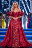 Sparkly Burgundy Mermaid Long Ruched Beaded Pageant Dress with Cape