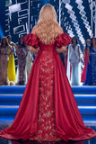 Sparkly Burgundy Mermaid Long Ruched Beaded Pageant Dress with Cape