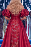 Sparkly Burgundy Mermaid Long Ruched Beaded Pageant Dress with Cape