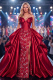 Long Beaded Ruffled Corset Sparkly Burgundy Mermaid Pageant Dress with Slit