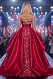 Long Beaded Ruffled Corset Sparkly Burgundy Mermaid Pageant Dress with Slit