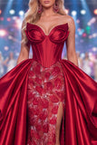 Long Beaded Ruffled Corset Sparkly Burgundy Mermaid Pageant Dress with Slit