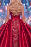 Long Beaded Ruffled Corset Sparkly Burgundy Mermaid Pageant Dress with Slit