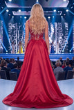 Mermaid Long Beaded Corset Sparkly Burgundy Pageant Dress with Slit