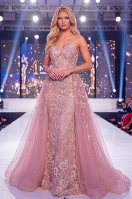 Sparkly Blush Strapless Mermaid Long Beaded Floral Pageant Dress with Cape