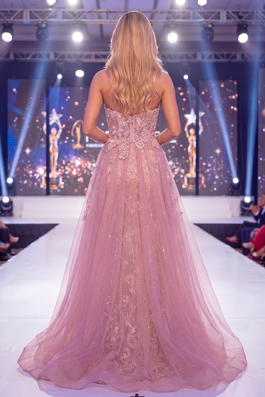 Sparkly Blush Strapless Mermaid Long Beaded Floral Pageant Dress with Cape