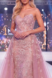Sparkly Blush Strapless Mermaid Long Beaded Floral Pageant Dress with Cape