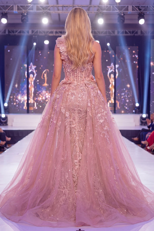 Sparkly Blush Corset Mermaid Long Beaded Floral Pageant Dress with Cape