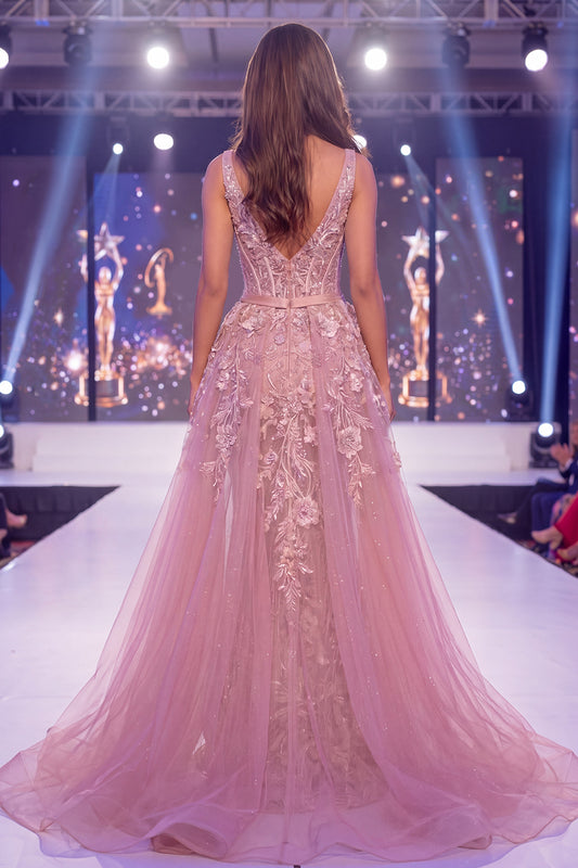 V-Neck Beaded Floral Sparkly Blush Corset Mermaid Long Pageant Dress with Cape