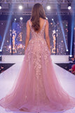 V-Neck Beaded Floral Sparkly Blush Corset Mermaid Long Pageant Dress with Cape