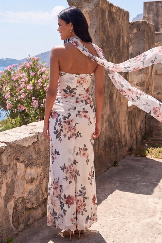Maxi Ivory Mermaid Strapless Ruched Floral Beach Wedding Guest Dress