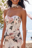 Maxi Ivory Mermaid Strapless Ruched Floral Beach Wedding Guest Dress