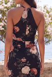 Black Halter Maxi Sheath Floral Beach Wedding Guest Dress with Slit