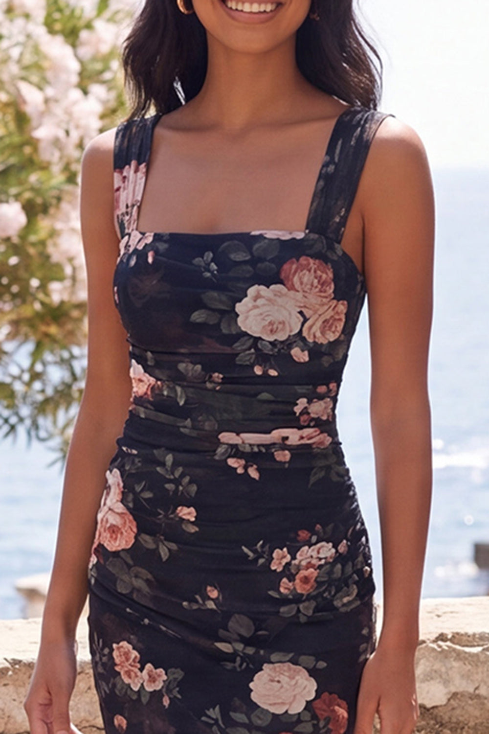 Black Square Neck Ruched Sheath Floral Maxi Beach Wedding Guest Dress