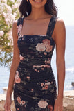 Black Square Neck Ruched Sheath Floral Maxi Beach Wedding Guest Dress