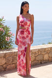 Floral Pink Cut Out Maxi Sheath Beach Wedding Guest Dress with Slit