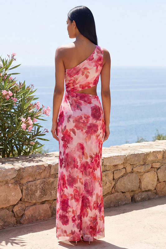 Floral Pink Cut Out Maxi Sheath Beach Wedding Guest Dress with Slit