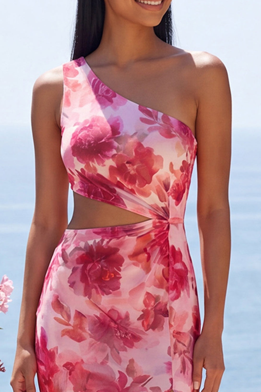 Floral Pink Cut Out Maxi Sheath Beach Wedding Guest Dress with Slit