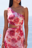 Floral Pink Cut Out Maxi Sheath Beach Wedding Guest Dress with Slit