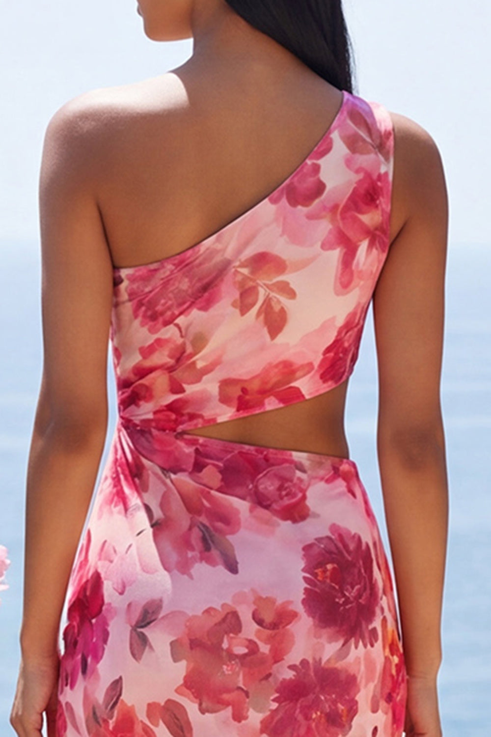 Floral Pink Cut Out Maxi Sheath Beach Wedding Guest Dress with Slit