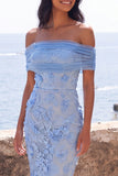 Blue Off the Shoulder Mermaid Floral Maxi Wedding Guest Dress