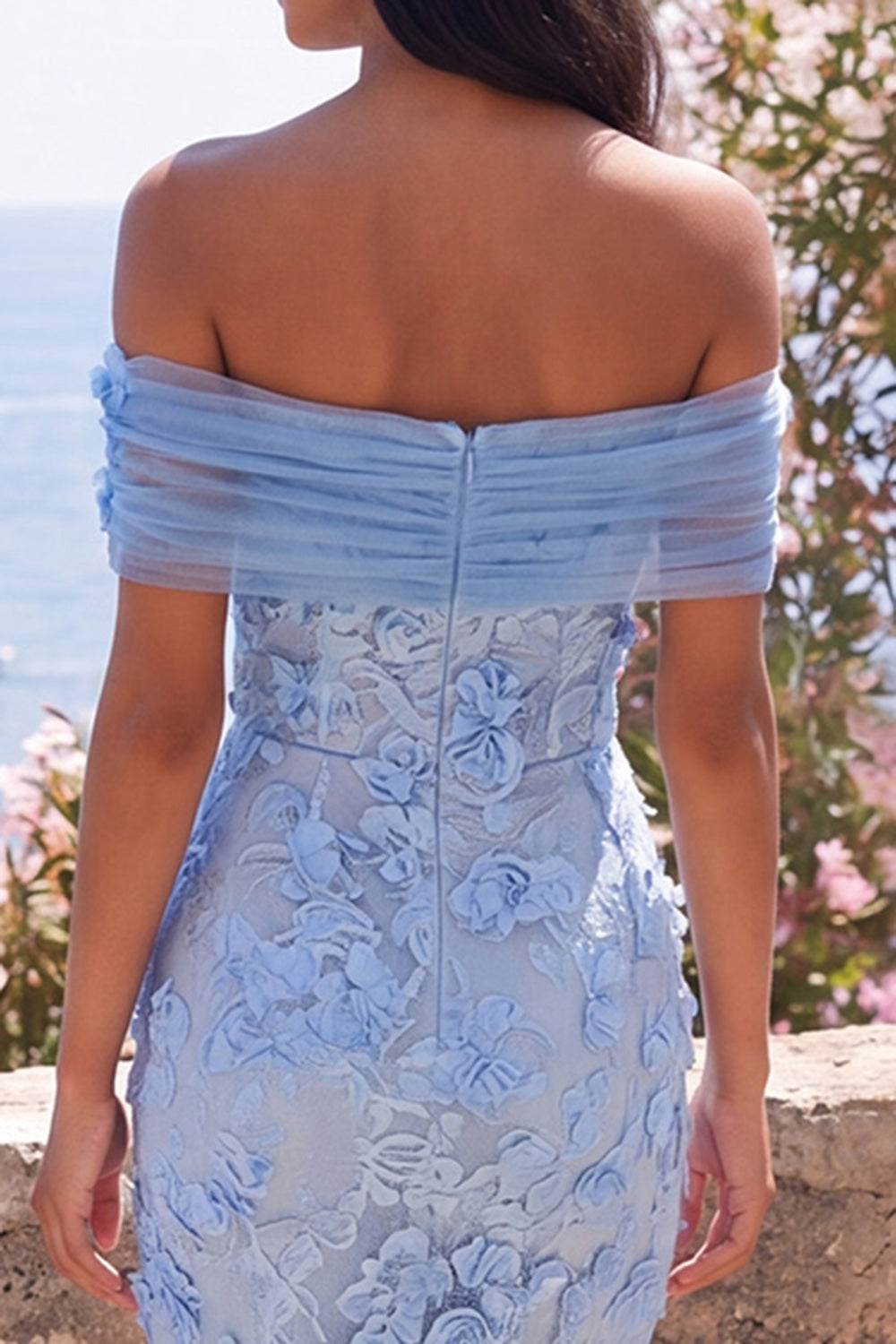 Blue Off the Shoulder Mermaid Floral Maxi Wedding Guest Dress