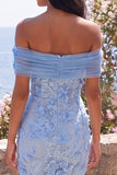 Blue Off the Shoulder Mermaid Floral Maxi Wedding Guest Dress