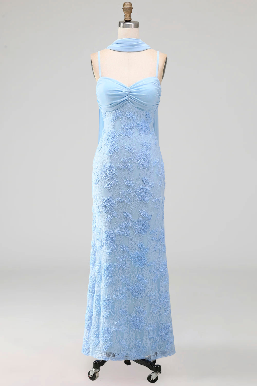 Blue Spaghetti Straps Sheath Floral Maxi Wedding Guest Dress