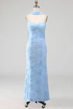 Blue Spaghetti Straps Sheath Floral Maxi Wedding Guest Dress
