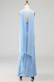 Blue Spaghetti Straps Sheath Floral Maxi Wedding Guest Dress